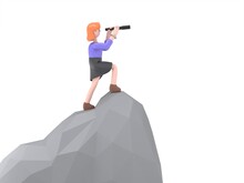 3D Illustration Of European Businesswoman Ellen Looking Through A Telescope On A High Mountain Ground.Artwork Depicts Ambition, Vision, Future, And Discovery.3D Rendering On White Background.
