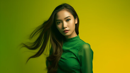 Asia young woman in a green dress on a yellow background. Ai Generative