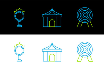 Sticker - Set line Target, Circus fire hoop and tent icon. Vector