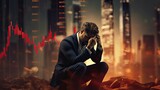 Fototapeta Perspektywa 3d - Business failure and unemployment problems from the economic crisis. Stressed businessman sits in panic digital stock market financial background. Stock market and global economic inflation recession.