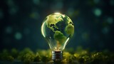 Fototapeta Perspektywa 3d - Renewable Energy.Environmental protection, renewable, sustainable energy sources. Green world map on the light bulb on green background .green energy. Renewable energy is important to the world
