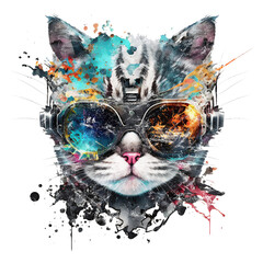 Wall Mural - Cyberpunk cat, head, glasses, graffiti style, isolated, without background