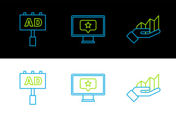 Sticker - Set line Pie chart infographic, Advertising and Monitor with star icon. Vector