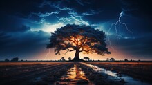 Lightning Storm Is Blazing In The Sky Above A Tree