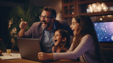 Parents Cheering For Exam Results With Their Daughters At The Computer Screen With Excitement And Joy. Generative AI
