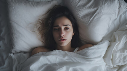 Wall Mural - Depressed woman lying in bed can't sleep late at morning with insomnia.