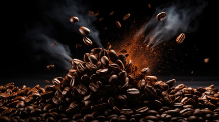 Poster - Roasted coffee beans fall on a pile of beans.