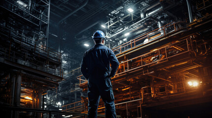 Wall Mural - Factory worker wearing a safety helmet in the background of a factory design.