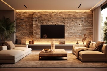 Wall Mural - fabulous interior design of living room with details of couch and comfortable settings. luxurious furniture and high end design