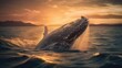 Jumping humpback whale over water. At sunset. Created with Generative AI.