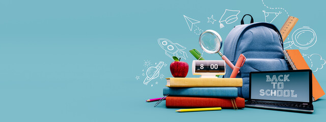 School bag with laptop and books on blue background with copy space. Back to school concept. 3D Rendering, 3D Illustration