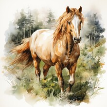 Watercolor Clipart A Contented Horse Grazing In A Lush Green Pasture, On White Background