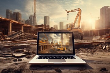 Laptop with construction site on the background. 3d rendering. A laptop amidst a bustling construction site symbolizes the foundation of progress and innovation in the digital age, AI Generated