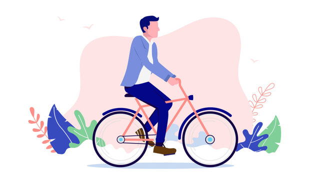 man riding bike - vector illustration of male person on bicycle outdoors. flat design vector illustr