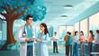 Medical concept with doctor and patients in flat cartoon at hospital hall. illustration