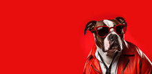 A Portrait Of A Funky Staffordshire Bull Terrier Dog Wearing Sunglasses, A Red Leather Jacket And A Tie On A Seamless Red Background, Copy Space For Text. Generative AI Technology