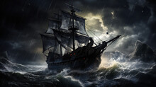 Black Pearl Pirate Ship In Thunderstorm At Sea