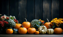 Pumpkins, Gourds And Autumn Halloween Vegetables On Wooden Background With Copy Space - Generative Ai