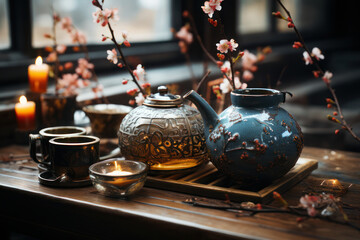 Tea ceremony. Asian teapot and cups, candles, sakura branches. AI generative.