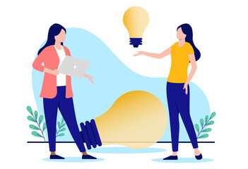 Women idea work - Two businesswoman entrepreneurs working on ideas with light bulbs. Flat design vector illustration with white background