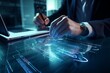 © Romana - Male in a business suits writing or signing with his hands on a big pad with blue digital cyber overlay. Generative AI technology