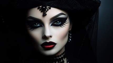 Wall Mural - Stunning female with dark Halloween makeup. Witch-like appearance with a scary yet alluring vibe. Concept of evil and enchantment.