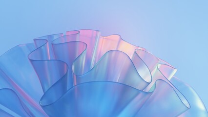 Wall Mural - abstract 3d wave emitting glass flower shape with gradient color on light blue background.