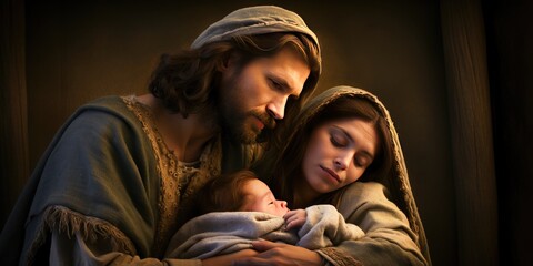 Cinematic birth of Jesus Christ. The Holy Family, Jesus, Mary and Joseph. Generative AI.