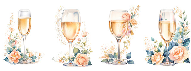 collection of champagne glass with floral adorn, painted in watercolor style, illustration isolated on a transparent background for wedding invitation or greeting card
