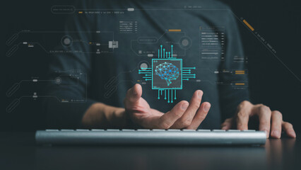 Wall Mural - software developer or programmer coding program with laptop. create intelligence innovation. compute