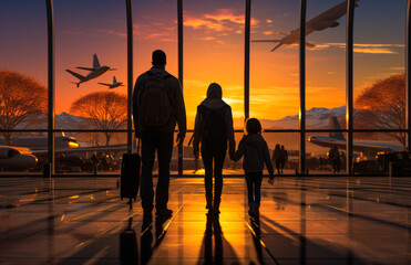 Family of three standing at the window inside the airport. Parents and their child look at the flying planes at sunset. Generative AI.