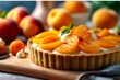 Delicious tartlets with peaches on grey table closeup