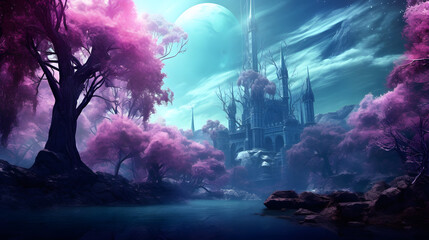 Illuminated 3d fantasy fairytale dreamland, future, science, surreal, moon, city, ghost, dark 