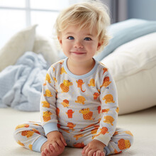 Happy Cute Adorable Toddler Boy, Sweet 3 Year Old Kid In Pajamas Sitting On Bed After Nap Sleep