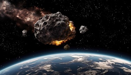 Wall Mural - Meteor Impact with Earth, fireball Asteroid In Collision with Planet
