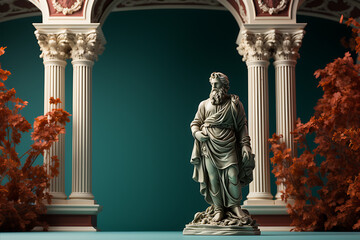 Wall Mural - Classic Greek Roman Aristocratic Statue and Pillars with Autumn Leaves, Digital Concept Render