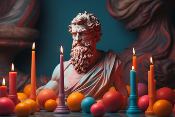 Wall Mural - Colorful Candles and Stoic Greek Philosopher Statue, Modern Renaissance Digital Concept Render