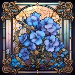 Wall Mural - blue flowers in stained glass in the style of victorian