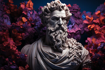 Wall Mural - Modern Stoic Philosopher Greek Statue with Autumn Leaves and Flowers, Modern Renaissance Digital Concept Render