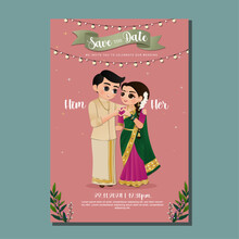  Wedding Invitation Card The Bride And Groom Cute Couple In Traditional Indian Dress Cartoon Character. Vector Illustration