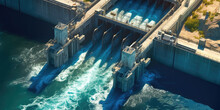 Aerial Top View Hydroelectric Dam, Water Discharge Through Locks, Blue Color Banner Industrial Concept
