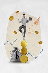 Sticker - Vertical collage of black white colors guy stand big pile stack coins hold netbook clock coffee cup paper plane money bag funds income