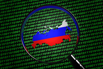 Magnifying glass found the Russia map among computer binary code. Illustration of the concept of Russian Internet hackers