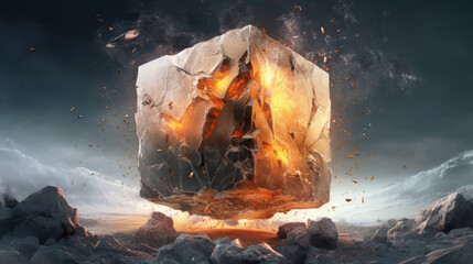 Epic photo of a terrifying cube floating in an empty land