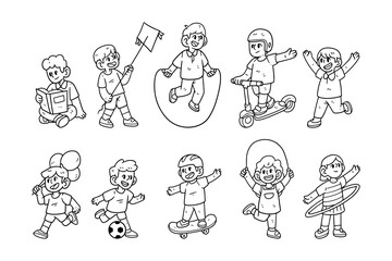 Kids playing character hand-drawn outline sketch illustration