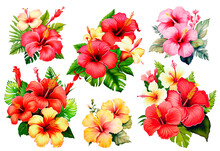 Set Of Arrangement From Yellow Hibiscus Flowers And Tropical Plants, Isolated Transparent Background, Generative AI