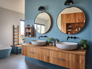 Ensuite bathroom with wall mounted timber vanity and blue sink and pill shaped mirrors. Luxury hotel.