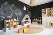 cartoon illustration of bright and colorful empty kindergarten classroom for young children. Generative A