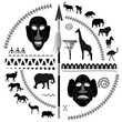 Round frame with african masks, spear, patterns and animal silhouettes. Vector illustration.