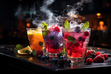 Refreshment Multicolor Fruit Cocktail With Ice, Lemon And Mint In A Bar, Night Club Party With Soft Drinks